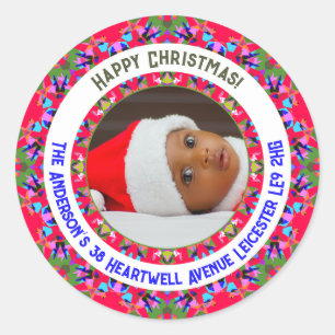 Adesivo Redondo Endereço de Retorno de Natal Foto Vermelho Persona