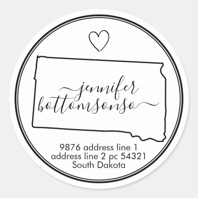Adesivo Redondo Endereço de retorno do lar de Dakota do Sul Signat (Frente)