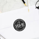 Adesivo Redondo Endereço De Retorno Do Monograma De Casamento Bran<br><div class="desc">Elevem sua correspondência de casamento com o nosso Autocolante Personalizado de Casamento Botânico Negro e Branco Monograma de Devolução de Endereço Clássico. Este adesivo é mais do que uma etiqueta; é um detalhe de na moda que adiciona um toque de sofisticação aos seus convites e envelopes de casamento. A forma...</div>