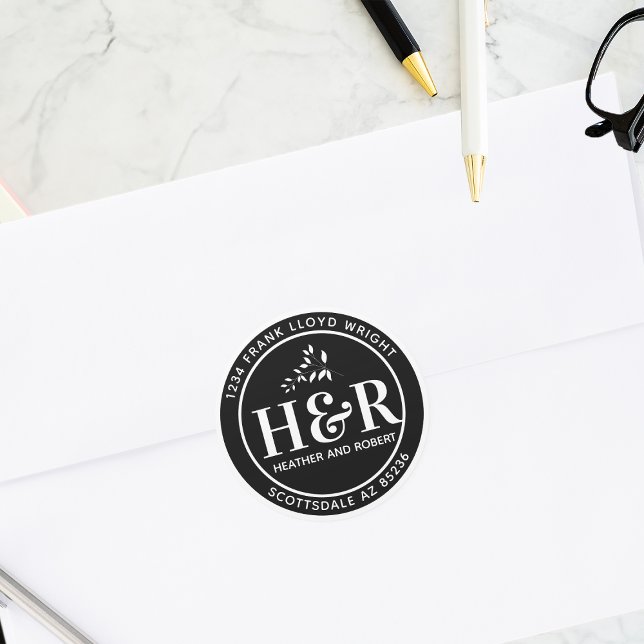 Adesivo Redondo Endereço De Retorno Do Monograma De Casamento Bran (Criador carregado)