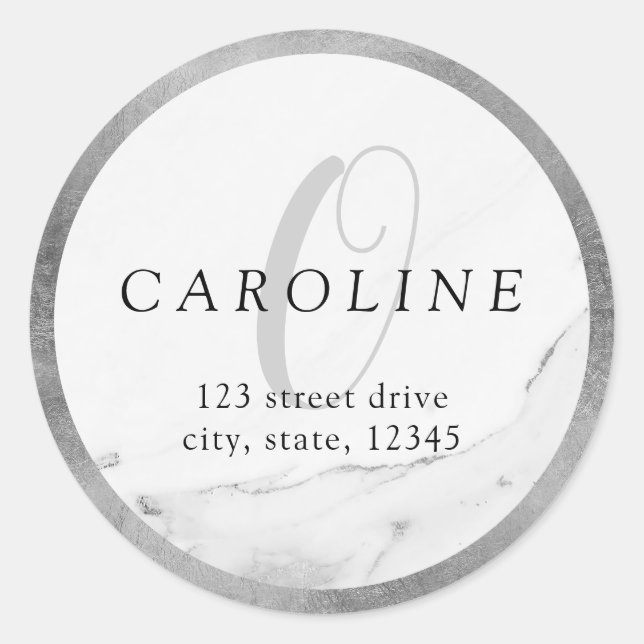 Adesivo Redondo Endereço de retorno do monograma de mármore pratea (Frente)
