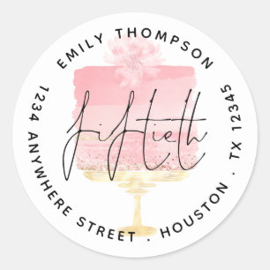 Adesivo Redondo Endereço de Retorno do Script de Bolo Rosa Moderno