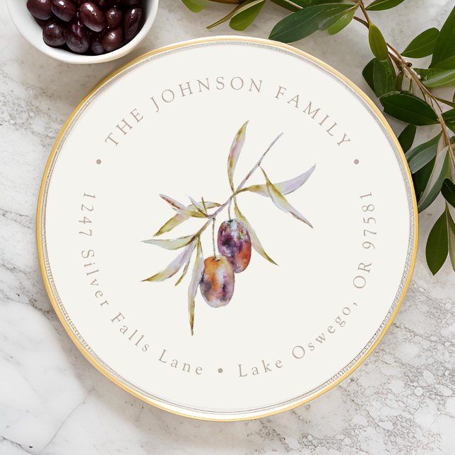 Adesivo Redondo Endereço de retorno em aquarela Galho de oliveira  (Criador carregado)