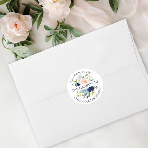 Adesivo Redondo Endereço de Retorno Floral em Aquarela Azul Marinh