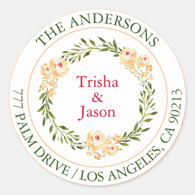 Adesivo Redondo Endereço de retorno, Flores de pêssego W/C, Texto  (Frente)