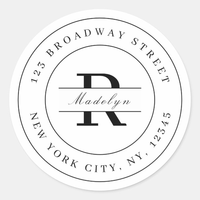 Adesivo Redondo Endereço de retorno mínimo branco preto Elegante (Frente)