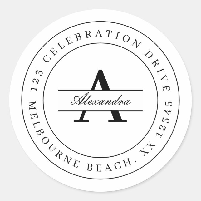 Adesivo Redondo Endereço de retorno mínimo branco preto Elegante (Frente)