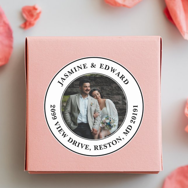 Adesivo Redondo Endereço de Retorno Moderno de Foto de Casamento P (Criador carregado)