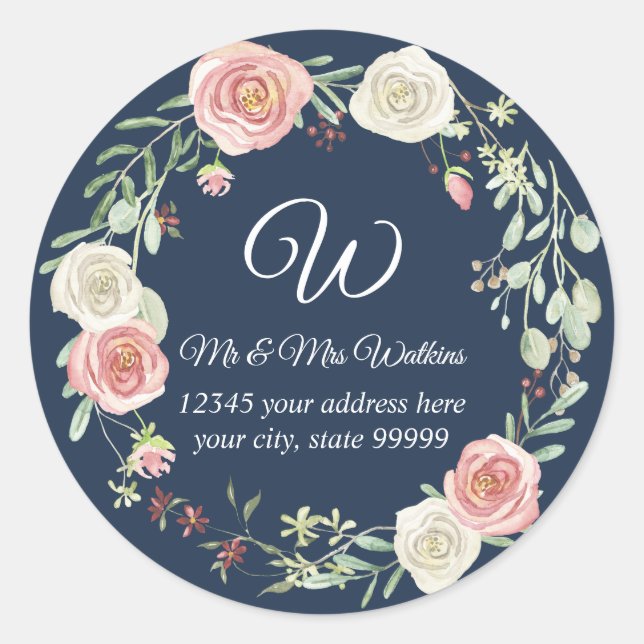Adesivo Redondo Endereço de Retorno Monogramado Rosa Floral Azul M (Frente)