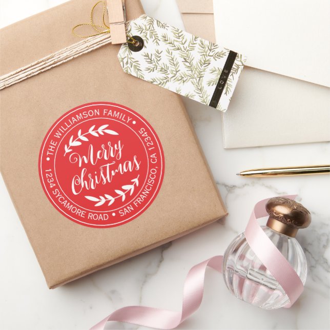 Adesivo Redondo Endereço de Retorno Natal Feliz Vermelho Brilhante (Presentear)