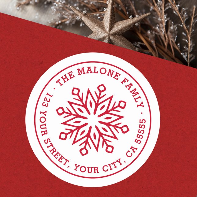 Adesivo Redondo Endereço de retorno vermelho mínimo moderno do flo (Modern minimal snowflake red return address classic round sticker)