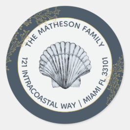 Adesivo Redondo Endereço de Seashell da Costa Branca e do Dourado 