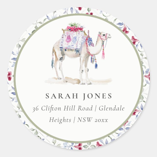 Adesivo Redondo Endereço do Camel de Aquarela Tropical de Marrocos (Frente)