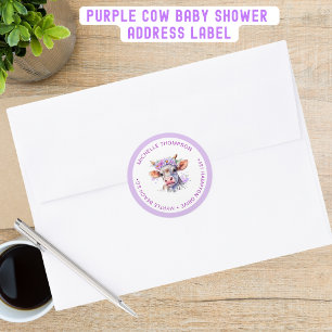 Adesivo Redondo Endereço do Chá de Bebê Floral Roxo Vaca