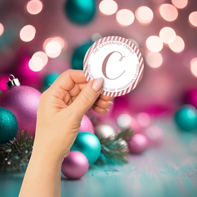 Adesivo Redondo Endereço do Monograma da Faixa de Folha Rosa Gold  (Elegant Rose Gold Foil Stripe Monogram Address Classic Round Sticker)