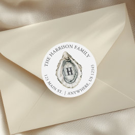 Adesivo Redondo Endereço do Monograma de Ostra Costeira de Aquarel