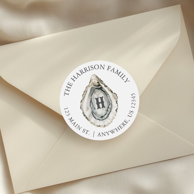 Adesivo Redondo Endereço do Monograma de Ostra Costeira de Aquarel (Criador carregado)