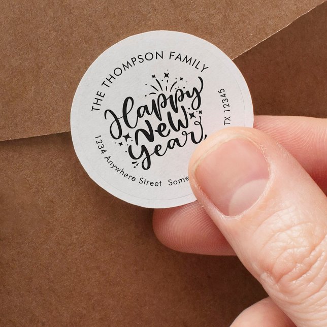 Adesivo Redondo Endereço do Nome de Retorno do Script do Feliz ano (Criador carregado)
