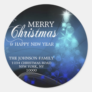 Adesivo Redondo Endereço do remetente branco azul da árvore do