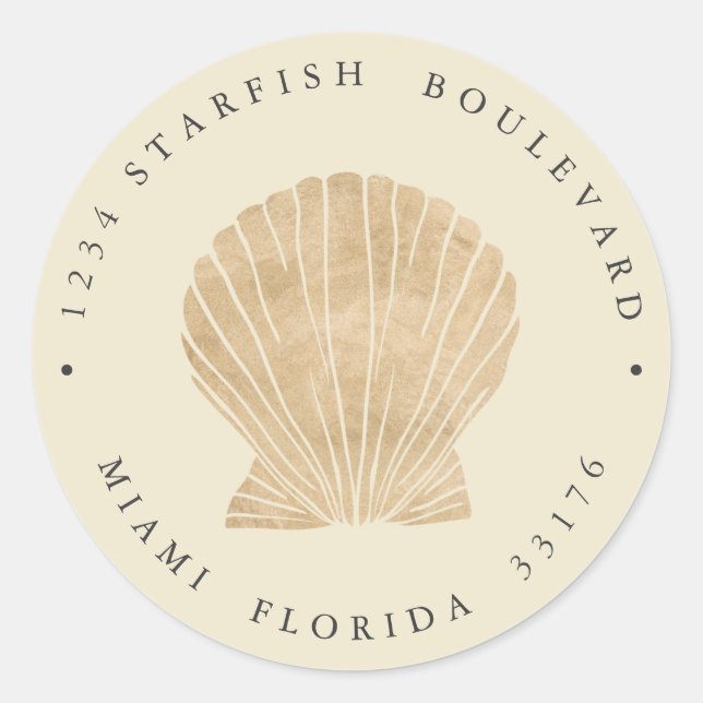 Adesivo Redondo Endereço DOURADO Elegante FAUX SEASHELL costeiro (Frente)