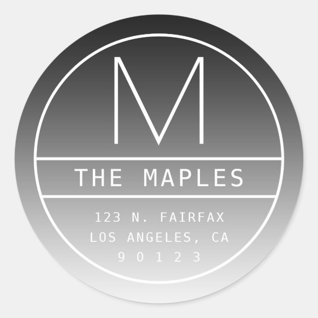 Adesivo Redondo Endereço e Monograma de Devolução Moderno | Preto  (Frente)