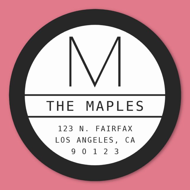 Adesivo Redondo Endereço e Monograma de Devolução Moderno | Preto  (Criador carregado)