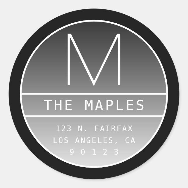 Adesivo Redondo Endereço e Monograma de Devolução Moderno | Preto  (Frente)