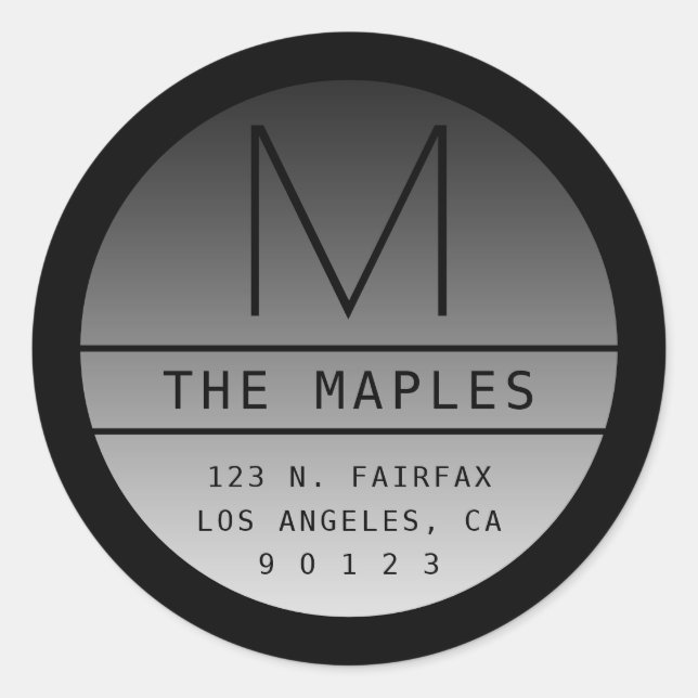 Adesivo Redondo Endereço e Monograma de Devolução Moderno | Preto  (Frente)