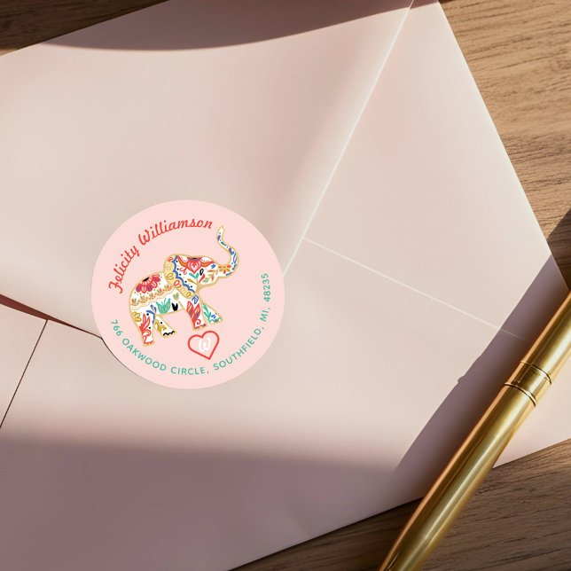 Adesivo Redondo Endereço Elefante do Ornamentado Decorativo Floral (Elegant Floral Decorative Ornate Elephant Address Classic Round Sticker)