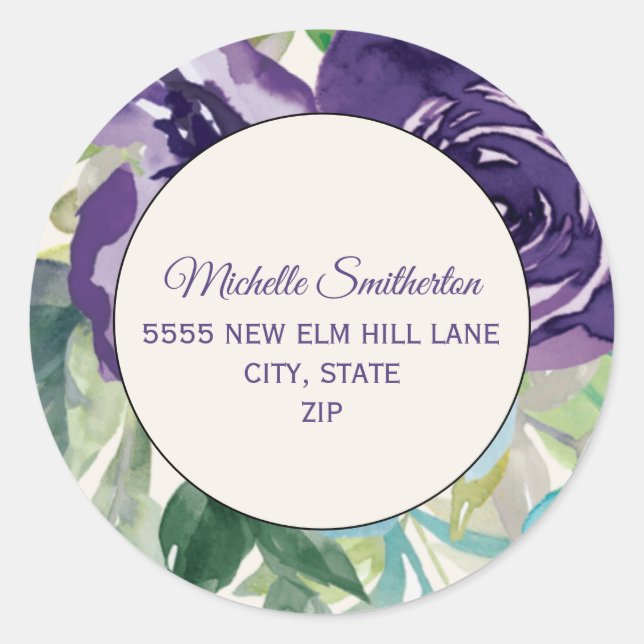 Adesivo Redondo Endereço Floral de Cor Azul Roxo (Frente)