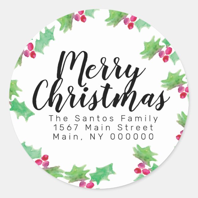 Adesivo Redondo Endereço Holly Berry, Colorido de Natal (Frente)