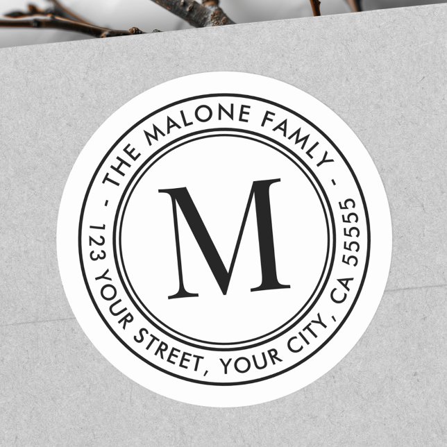 Adesivo Redondo Endereço inicial mínimo de retorno branco do monog (Monogram initial minimal white return address classic round sticker)