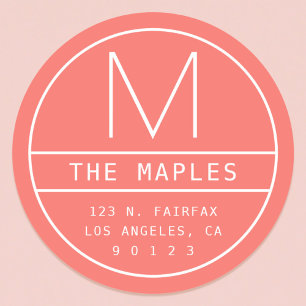 Adesivo Redondo Endereço moderno e monograma   Coral Vivo