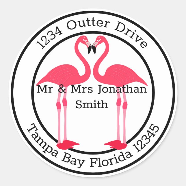Adesivo Redondo Endereço Monograma com Flamingos (Frente)