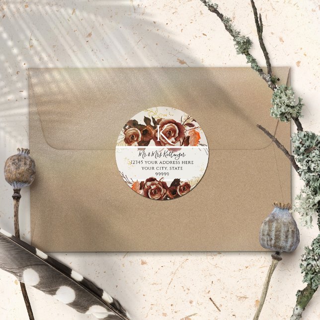 Adesivo Redondo Endereço Monograma de Folhas de Outono Floral de O (Criador carregado)