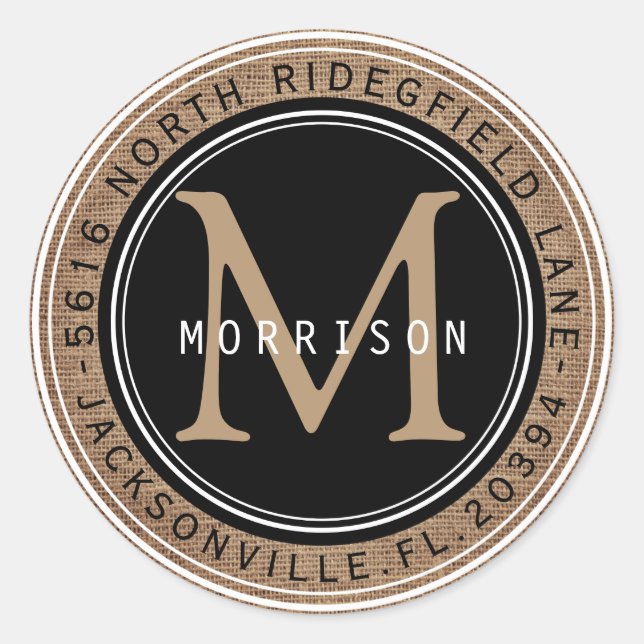 Adesivo Redondo Endereço, Monograma em uma Coluna Preta e Tan (Frente)