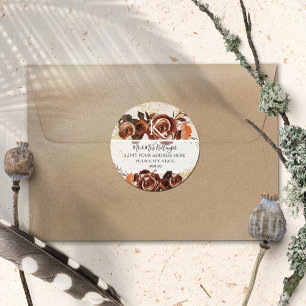 Adesivo Redondo Endereço Monograma Folhas de Outono Floral de Outo