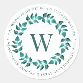 Adesivo Redondo Endereço Monograma Wreath Teal Wedding Envelope Se