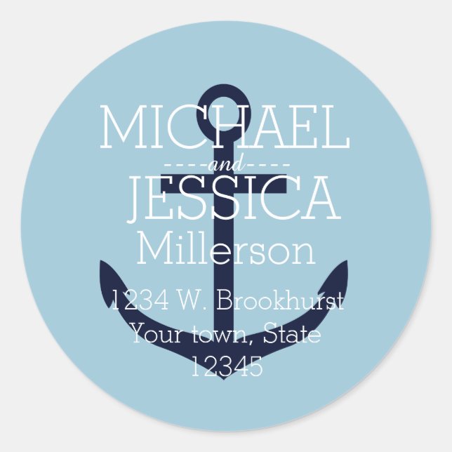 Adesivo Redondo Endereço Personalizado de Âncora Azul (Frente)