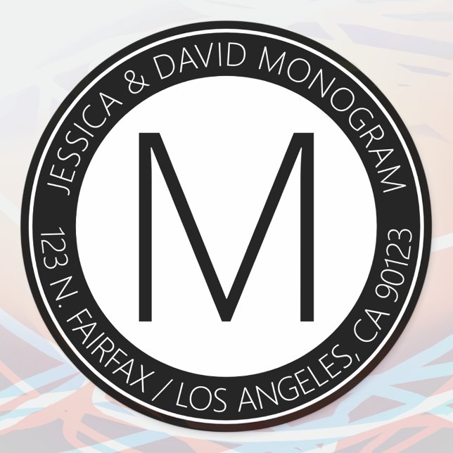 Adesivo Redondo Endereço preto e branco moderno e endereço de reto (Criador carregado)