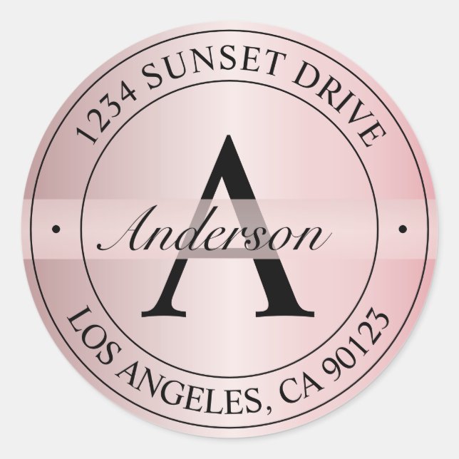 Adesivo Redondo Endereço preto e Rosa de Faux monogramado elegante (Frente)
