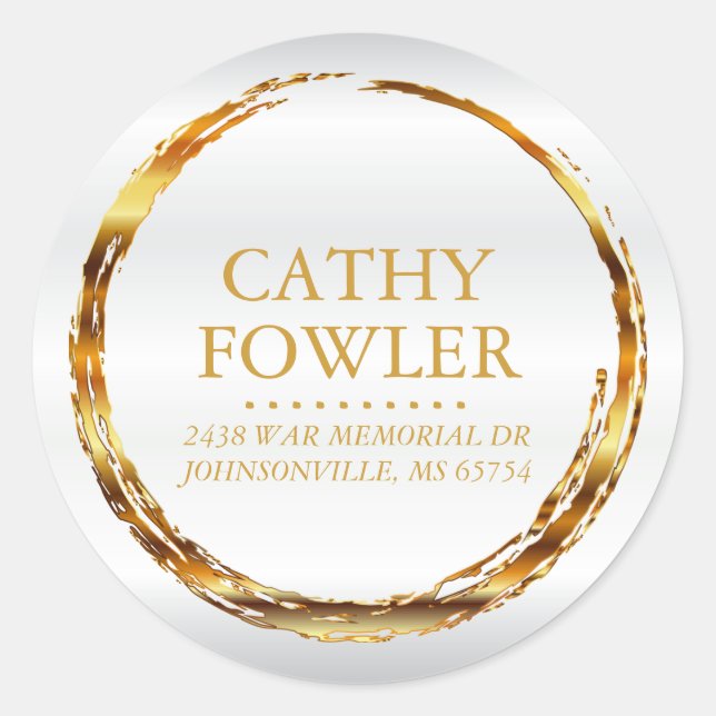 Adesivo Redondo Endereço redondo Rótulos Dourados e Brancos (Frente)