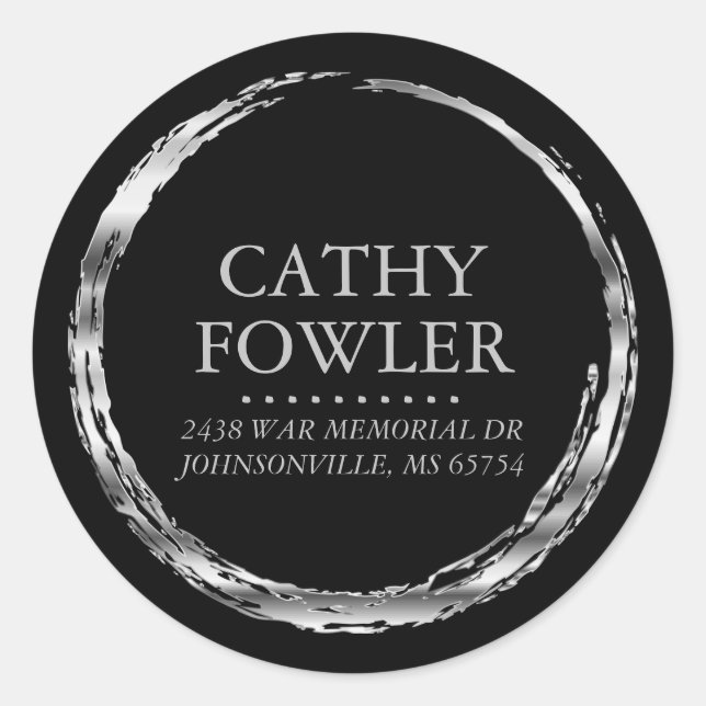 Adesivo Redondo Endereço redondo Silver Grungy e Rótulos Pretos (Frente)