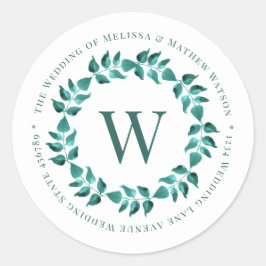 Adesivo Redondo Endereço Teal Monograma Wreath Envelope Seal