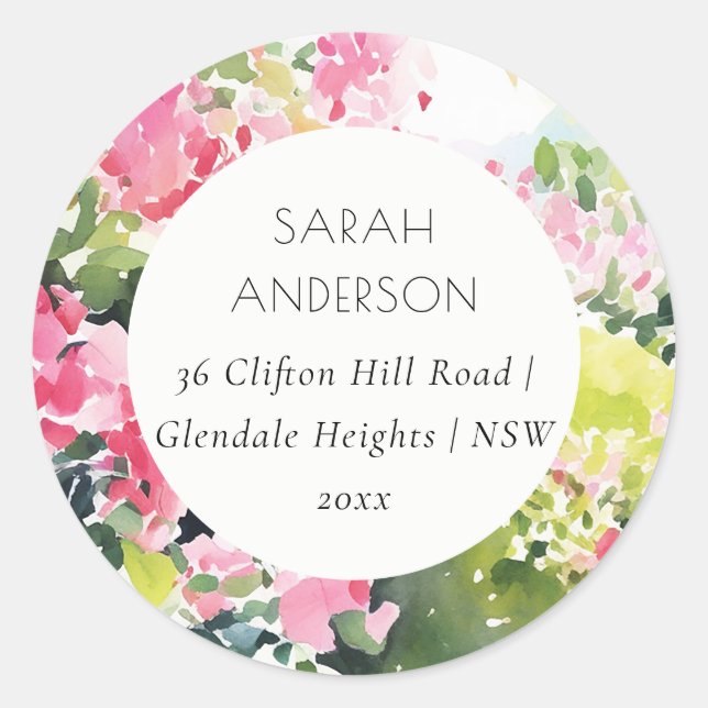 Adesivo Redondo Endereço Tropical Bougainvillea Boho Pink Green (Frente)