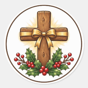 Adesivo Redondo Enfeite de Natal de Cruz de Madeira Rústica