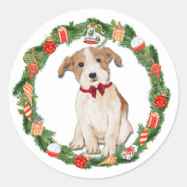 Adesivo Redondo Enfeite de Natal de Jack Russell Terrier em Coroa
