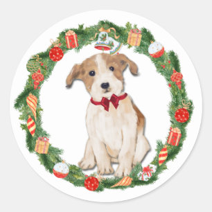 Adesivo Redondo Enfeite de Natal de Jack Russell Terrier em Coroa