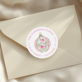 Adesivo Redondo Enfeite de Natal Rosa em Aquarela com Endereço de