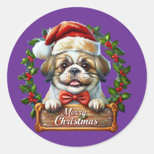 Adesivo Redondo Enfeites de natal de Cachorro Bonito - Feliz Natal